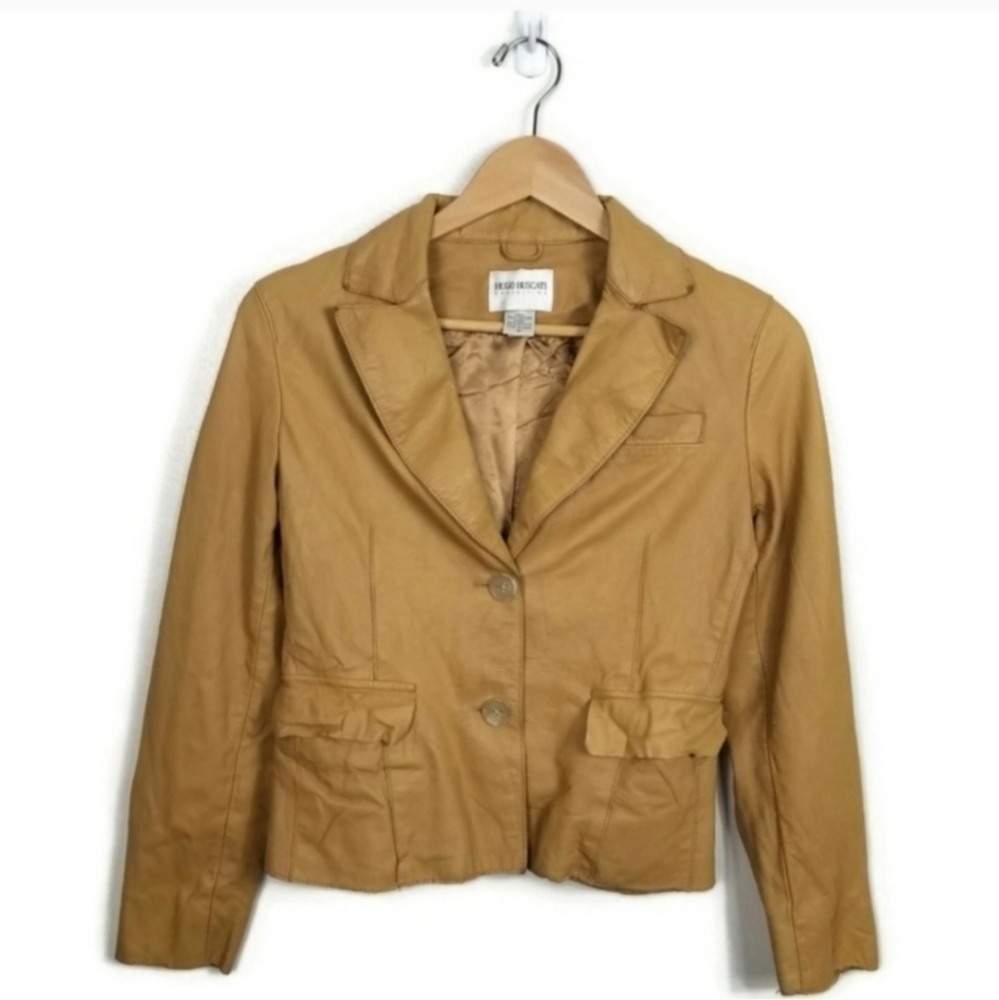Hugo Buscati Two Button Cropped Leather Blazer Jacket Camel Tan 6